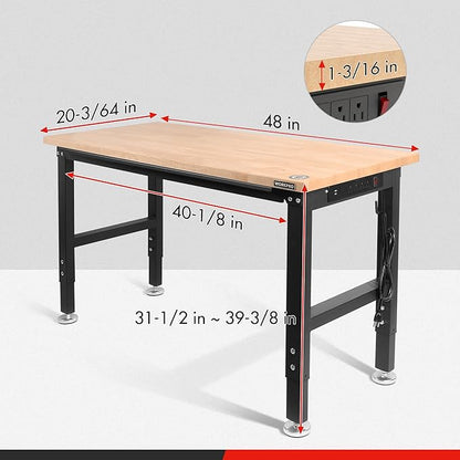 WORKPRO 48" Adjustable Workbench, Rubber Wood Top Heavy-Duty Workstation