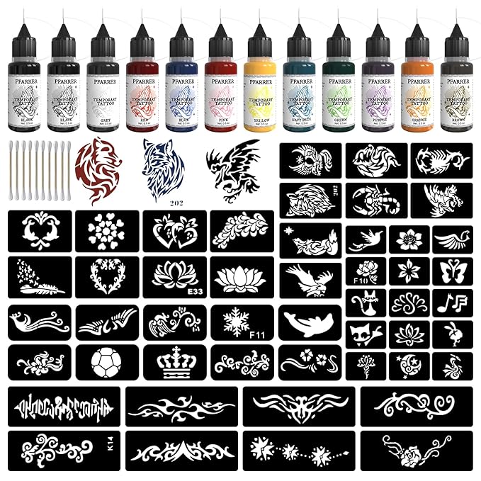 PFARRER Temporary Tattoo Kit12 Bottles Color Temporary Tattoo Ink,49 Big Pcs Stencils Kit for Body Paint DIY Fake Tattoos for Kids(Black*2,Red,Green,Blue,Pink,Grey,Navy,Yellow,Purple,Brown,Orange)