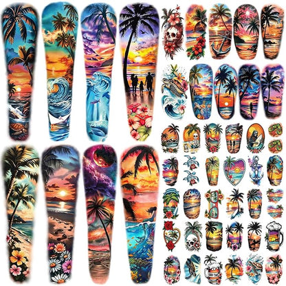 48 Sheets Full Arm Temporary Tattoos for Adults - Waterproof Tropical Summer Beach Party Fake Tattoo Stickers - Hawaiian Floral Palm Sunset Designs for Women Men
