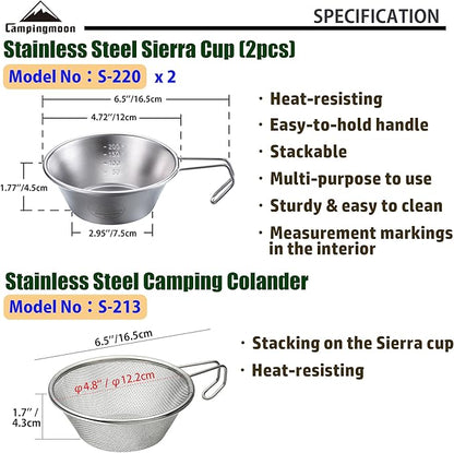 CAMPINGMOON 2pcs Set Stainless Steel Camping Sierra Cup 310ml with 1pc Colander S-220-2P/S-213