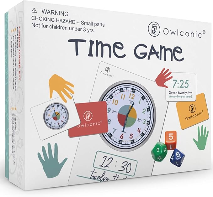 OWLCONIC Learning Time Game - 128 Piece Teaching Aid to Help Kids Learn Analog and Digital Time - Educational Resource Toy for Children - Kindergarten Homeschool Supplies
