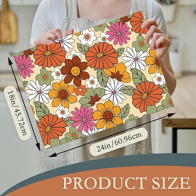 Retro 70s Groovy Flowers Dish Drying Mats 18x24 Inch, Daisy Boho Dish Pad