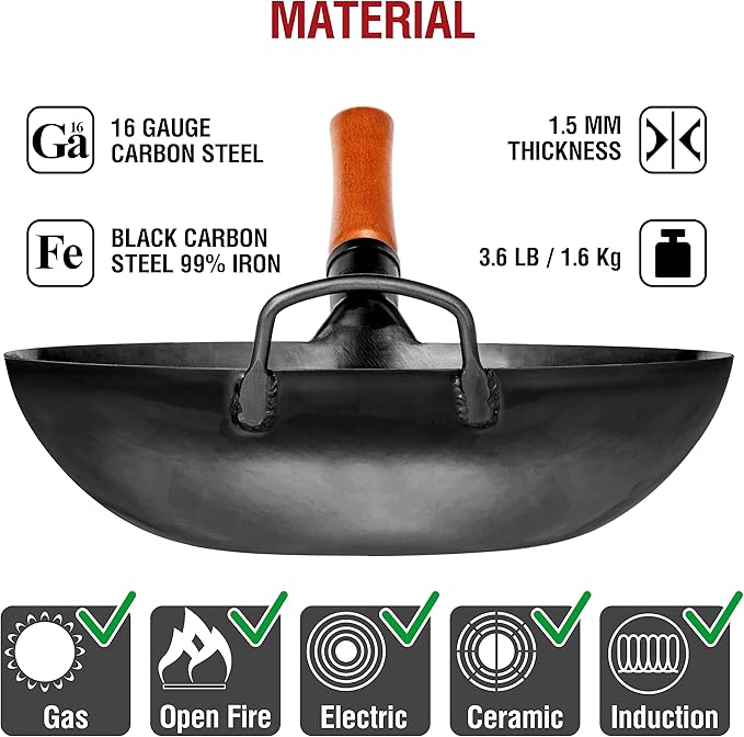 YOSUKATA 13.5" Carbon Steel Wok Pan – Pre-Seasoned Flat Bottom Pow Wok for Stir Fry, BBQ, Grill & Camping – Traditional Japanese Chinese Cookware – Compatible with Induction, Electric, Gas, Open Fire