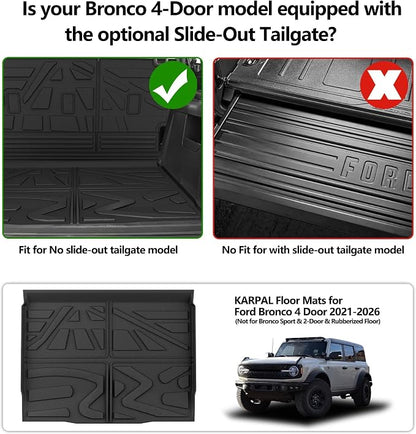 KARPAL Floor Mats for 2021-2025 2026 Ford Bronco 4 Door (Not fit Sport), Custom Fit TPE All Weather Ford Bronco Accessories 1st&2nd Row Floor Liner & Cargo Liner Backrest Mat