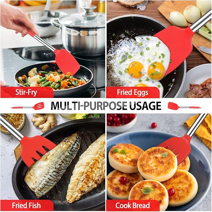 Pack of 4 Large Silicone Cooking Spatulas and Spoons, Slotted and Solid
