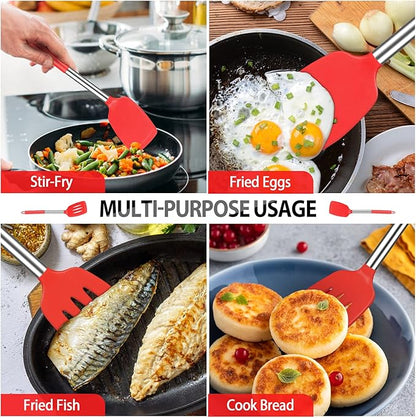 Pack of 4 Large Silicone Cooking Spatulas and Spoons, Slotted and Solid