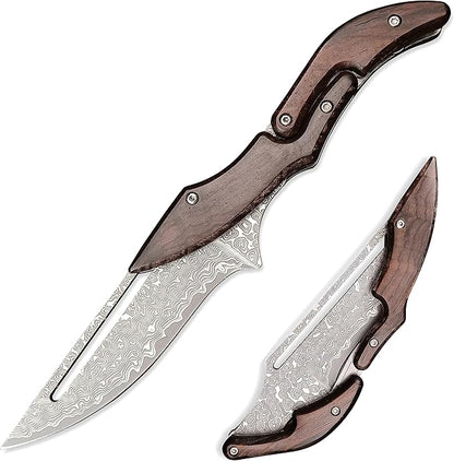 HUAAO Damascus Folding Knife, Yellow Sandalwood Handle with Mechanical Lock, Tactical Pocket Knife for Outdoor Camping Survival Hunting Self Defense Multitool