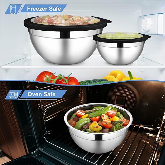 LIANYU Stainless Steel Mixing Bowls Sets of 6, Large Metal Nesting Bowl Sets for Home Kitchen, 7, 3.5, 2.5, 2, 1.5, 1QT Size with Transparent Airtight Lids, Dishwasher & Freezer Safe, Black