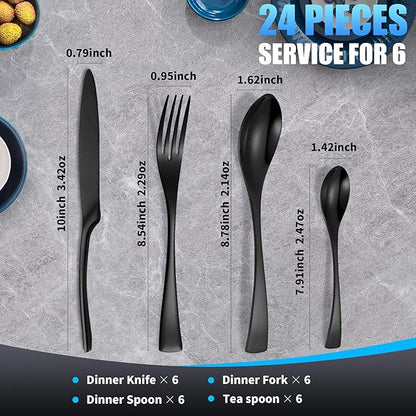 Lemeya 24-Piece Black Silverware Set for 6,Heavy Duty 18/10 Stainless Steel Cutlery Set with Forged Stand Knife,Modern Flatware Utensil Set,Forks Spoons and Knives Set,Mirror Polished,Dishwasher Safe