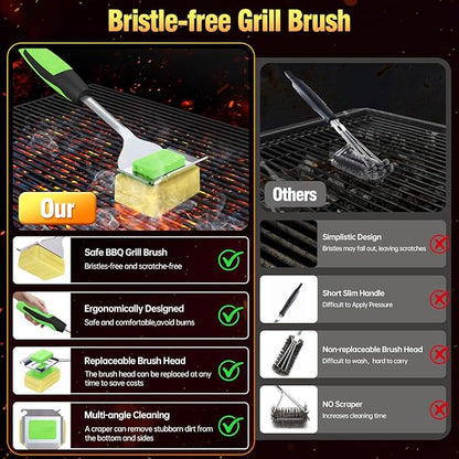 Grill Brush Bristle Free for Outdoor Grill, Steam Grill Cleaning Brush Replaceable BBQ Cleaner Brush Head,Extended Handle, Safe Grill Brush with Scraper for Cast Iron Stainless-Steel Grates,Green