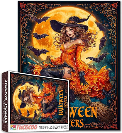 Halloween Witch Puzzle 1000 Pieces for Adults Sexy Witch on Broom Jigsaw Full Moon and Bats Fantasy Halloween Puzzles Fall Decor Fun Challenging Puzzle Gift for Women Men Family Game Nights