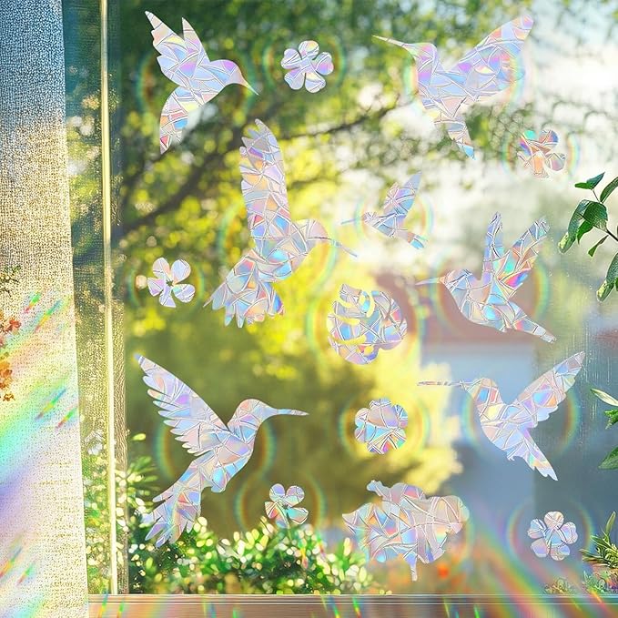 Bird Window Clings Static Cling Window Decals, 1PCS Flower Anti Collision Bird Deterrent Rainbow Stickers, Reusable, Rainbow Non-Adhesive Prismatic Decorative Home Decor