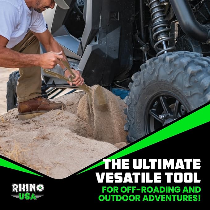 RHINO USA Folding Survival Shovel w/Pick - Heavy Duty Carbon Steel Military Style Entrenching Tool for Off Road, Camping, Gardening, Beach, Digging Dirt, Sand, Mud & Snow - Tan
