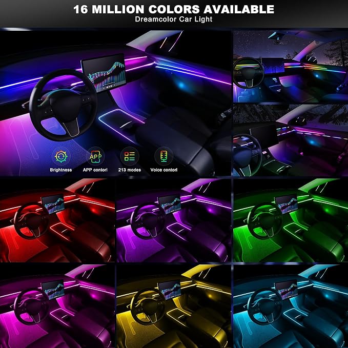 Dreamcolor Acrylic Interior Car LED Strip Light with Wireless APP, RGB 14 in 1 with 175 inches 612 LEDs Fiber Optic Strip Lights for Car, Dual Zone Music Sync Neon Car Ambient Lighting Kits