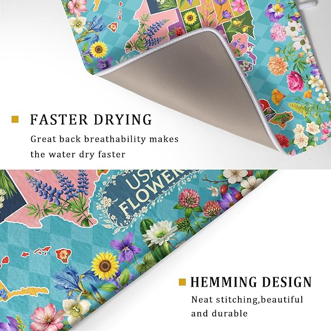 Flower Map Dish Drying Mat Colorful Floral Microfiber Large Dish Drying Pad
