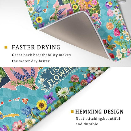 Flower Map Dish Drying Mat Colorful Floral Microfiber Large Dish Drying Pad