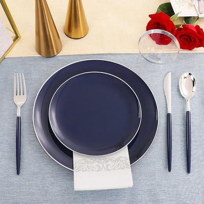 KIRE 175Pcs Blue Plastic Plates with Silver Rim & Disposable Silverware with Blue Handle & Silver-rim Cups & Hand Napkin & Plastic Dinnerware for Parties/Wedding