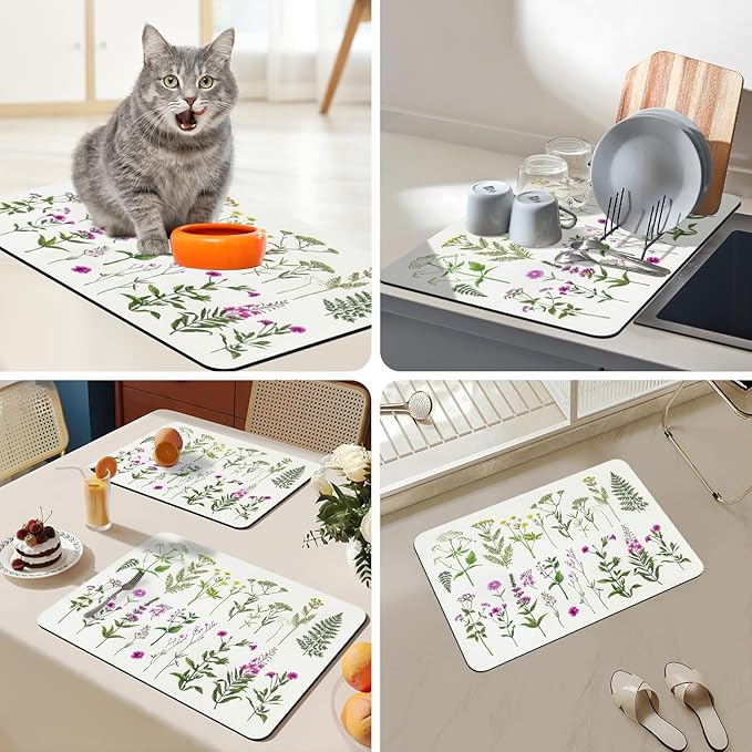 Bloss Dish Drying Mat, Spring Flower Printed Coffee Bar Mat, Kitchen Counter Mat
