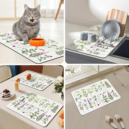 Bloss Dish Drying Mat, Spring Flower Printed Coffee Bar Mat, Kitchen Counter Mat