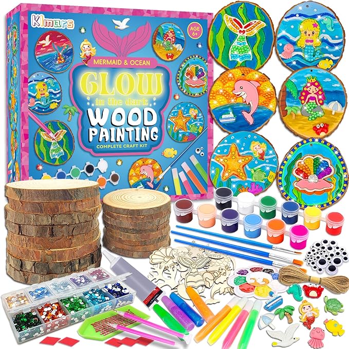 klmars Mermaid Themed Wooden Painting Kit-Glow in The Dark-Arts & Crafts Gifts for Kids Girls Ages 6-12-Wood Slice Craft Activities Kits -Mermaid Art Toys for Kids Christmas Gifts