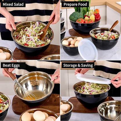 Black Mixing Bowls with Lids Set of 7, Stainless Steel Nesting Bowl with Khaki Lid for Non-slip Mixing Prepping Storing Serving, 7 Sizes-7/3.6/2.7/2.1/1.5/1/0.8 QT