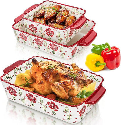 Coloch 3 Pack Ceramic Baking Dishes, Rectangular Bakeware Set Hand-painted