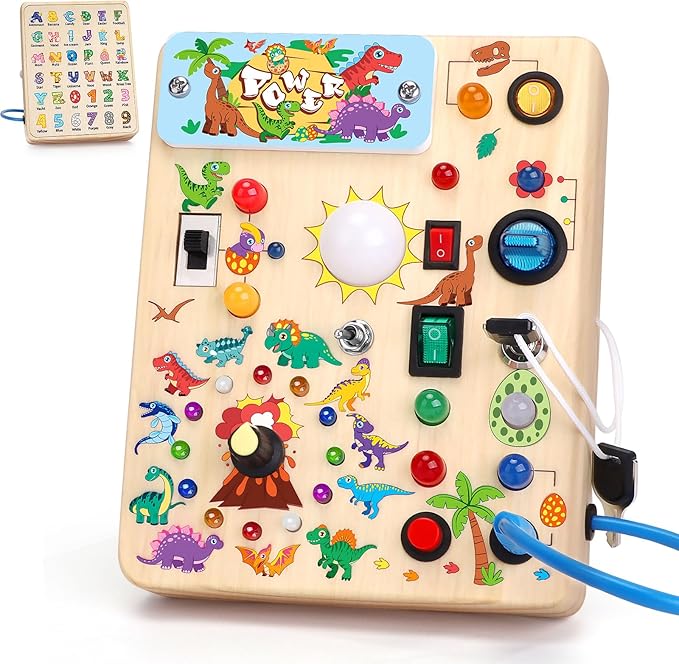 Toddler Busy Board,Montessori Toys for 1-3 Years Old,Baby Sensory Board,Wooden Learning Toys,Christmas & Birthday Gift for Boys & Girls (Dinosaur Busy Board v2)
