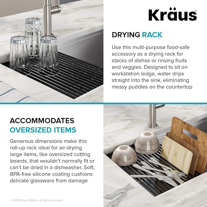 Kraus Multipurpose Workstation Sink Roll-Up Dish Drying Rack, Colander and