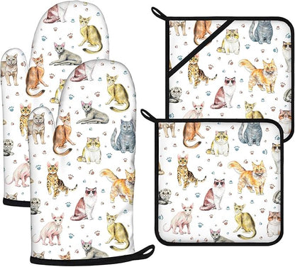 Cute Cats Oven Mitts and Pot Holders Sets 4Pcs, Extra Long Oven Gloves Potholder