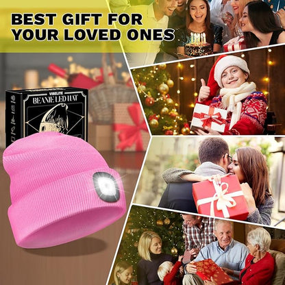VIBELITE LED Beanie Hat with Light, USB Rechargeable LED Headlamp, Gifts for Men, Him, Husband, Boyfriend, Gifts for Dad, Husband, Father, Pink