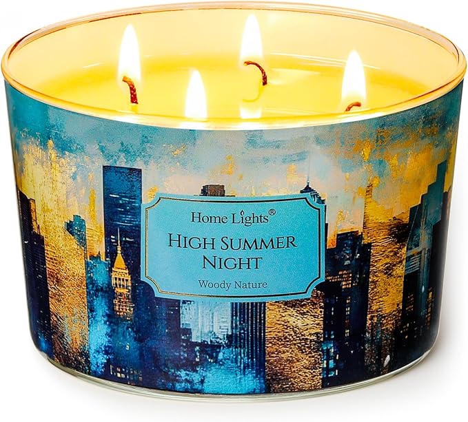 HomeLights High Summer Night Scented Candles | 18oz Soy Candles Industrial Chic 4-Wick Large Candle Jars | Ideal Candle Gifts for Events, Home Decor Stress, Relief & Relaxation