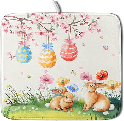 Giwawa Easter Bunny Dish Drying Mat, Spring Rabbits Eggs Hunt Dish Drainer Mats