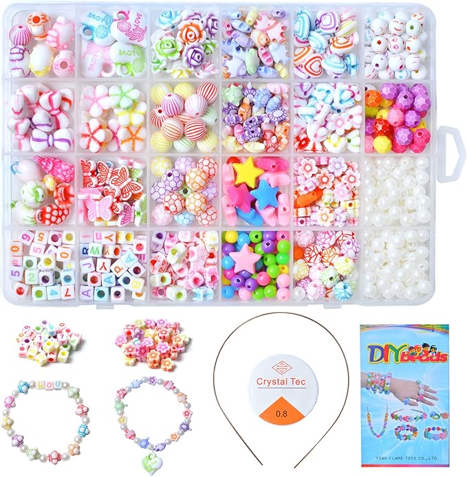 Kids DIY Bead Jewelry Making Kit, Beads for Girls Toys Bead Art and Craft Kits DIY Bracelets Necklace Hairband and Rings Toy for Age 4 5 6 7 8 9 10 11 Year Old Girl Gifts