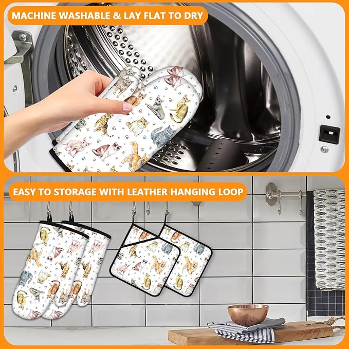 Cute Cats Oven Mitts and Pot Holders Sets 4Pcs, Extra Long Oven Gloves Potholder