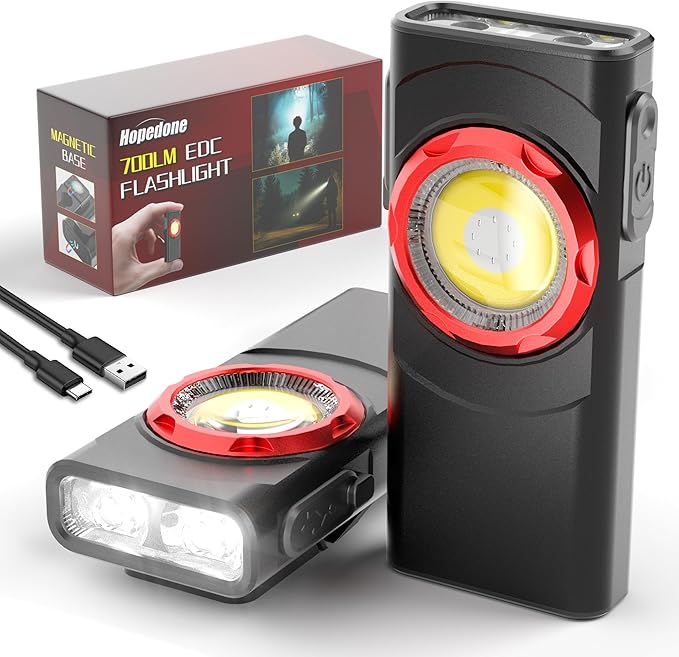 EDC Flashlight Rechargeable, 700 Lumens Mini LED Flashlight with 8 Modes Dual Light Sources Magnetic Flashlights with Clip Waterproof Pocket Flat Flashlights for Night Working (1, Black)