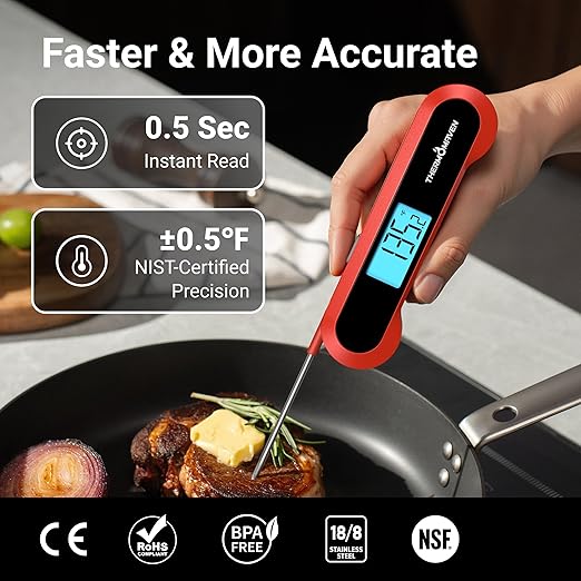 Professional 0.5 Sec Instant Read Meat Thermometer Digital, NIST Certified ±0.5℉ Accuracy, Auto Rotate Large LCD Display, 100% Waterproof Cooking Thermometer for Baking Grill BBQ Smoker Oven, Red
