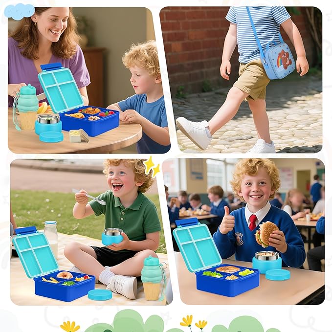 Lunch Box Kids with 5 Compartments, Insulated Food Jar & Utensil & Sauce Container & Lunch Bag & Silicone Collapsible Cup, Leak Proof Bento Box, BPA-Free & Dishwasher Safe-Blue