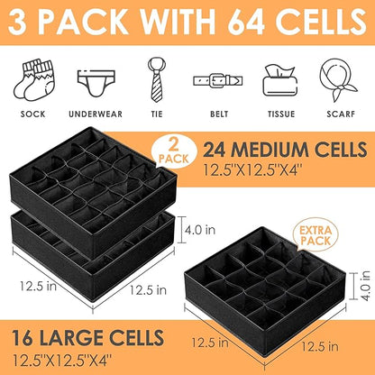 Criusia 3 Pack Sock Underwear Organizer Dividers, 64 Cell Fabric Foldable