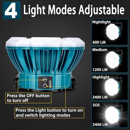 LED Camping Lantern Light Compatible with Makita 18V Battery, 2400LM 3 Adjustable Brightness Cordless Portable LED Work Light Floodlight with Hook for Tent Jobsite Ceiling(No Battery)