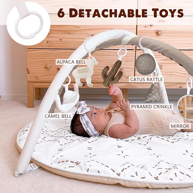 Little Dove Tummy Time Mat with 6 Toys, Macrame Baby Play Mat for Newborn, Baby Gym with 12 Milestone Cards, Stage-Based Sensory and Motor Skill Development Baby Play Gym, Non Slip Mat Washable, Khaki