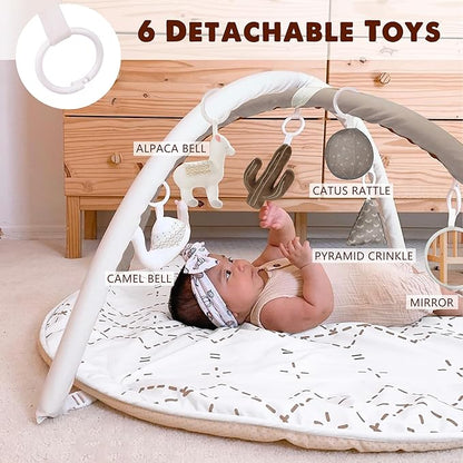 Little Dove Tummy Time Mat with 6 Toys, Macrame Baby Play Mat for Newborn, Baby Gym with 12 Milestone Cards, Stage-Based Sensory and Motor Skill Development Baby Play Gym, Non Slip Mat Washable, Khaki
