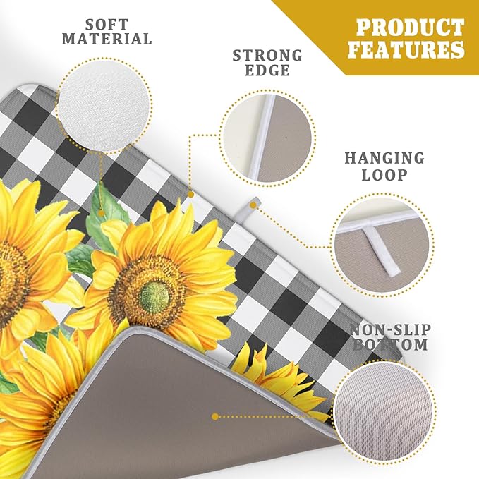 Sunflower Dish Drying Mat for Kitchen Counter Black White Buffalo Plaid