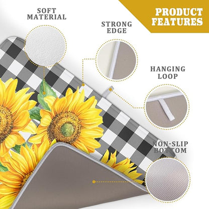Sunflower Dish Drying Mat for Kitchen Counter Black White Buffalo Plaid