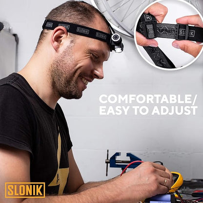 SLONIK Headlamp Rechargeable - 1000 Lumen LED USB Rechargeable Headlight - IPX4 Waterproof Head Lamp with Bright 60 ft Flashlight Beam - Hiking & Outdoor Camping Gear, Black - LED Headlamp
