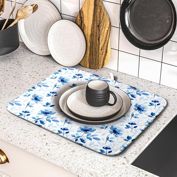 Blue Floral Dish Drying Mat 16x18 inch Flower Leaves Dish Rack Pad Microfiber