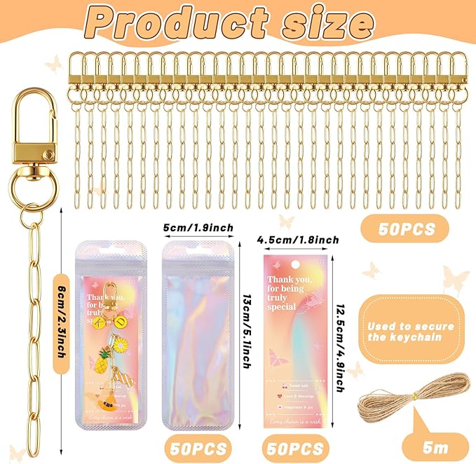 Wurosi 50 Set Paperclip Keychain Making Kit, Bag Charm Kit, 50 Keychain Clips, 50 Extender Chain, 50 Resealable Pouch Bag, 50 Thank You Cards, 5M Hemp Rope, Jewelry Making Kit for DIY Keyrings Charms