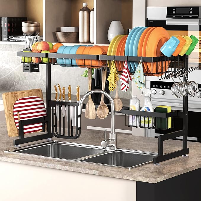 PUSDON Over the Sink Dish Drying Rack, 2 Tier Adjustable Large Capacity