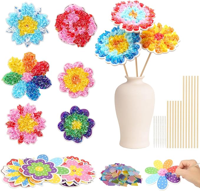 Fennoral 24 Pack Flower Poke in Art for Kids Make You Own Flower Bouquet Craft Kit DIY Poke EVA Foam Craft for Girls Boys for Classroom Art Activity Spring Summer Decoration Birthday Gift