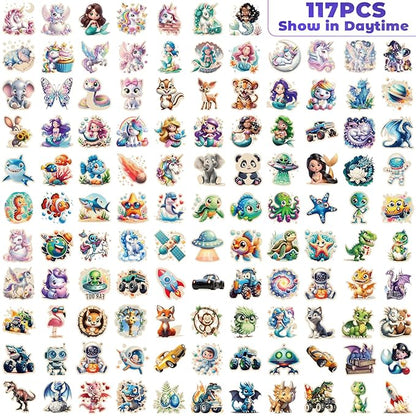 117 PCS Luminous Animals Temporary Tattoos for Kids, Glow Dinosaur Panda Elephant Rabbit Mermaid Dolphin Shark Fish Temporary Tattoos for Fastival Stuffers & Birthday Party Favors