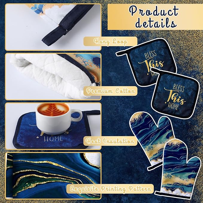 Bencailor 6 Pcs Marble Kitchen Decor Gold Pot Holders Oven Mitts 2 Dish Towels